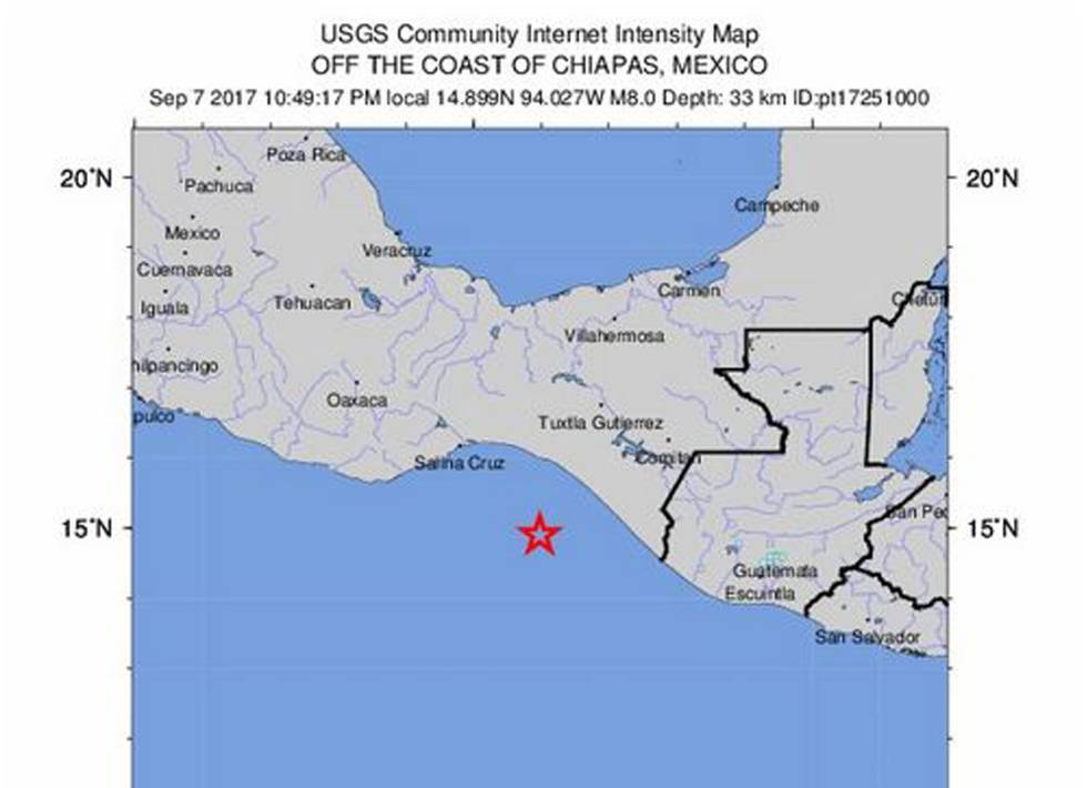 Mapa de la intensidad del terremoto.