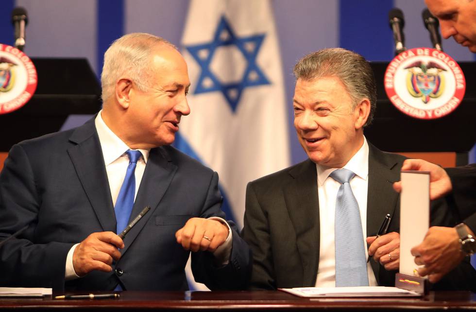 El primer ministro de Israel, Benjamín Netanyahu y el presidente de Colombia, Juan Manuel Santos. 