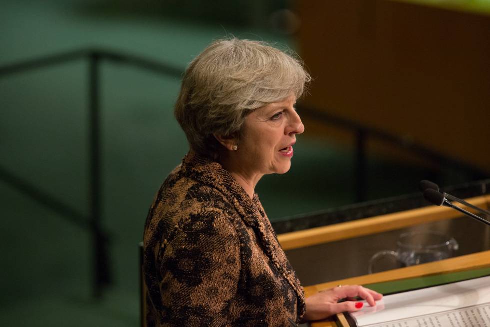 La primera ministra británica, Theresa May, en la Asamblea General de la ONU el 20 de septiembre en Nueva York. 