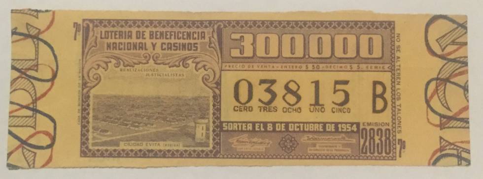 Un billete de lotería de 1954 anuncia la creación del barrio Ciudad Evita.