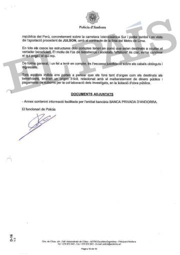 Informe de la Policía de Andorra sobre los presuntos sobornos de Odebrecht a altos funcionarios de Perú.