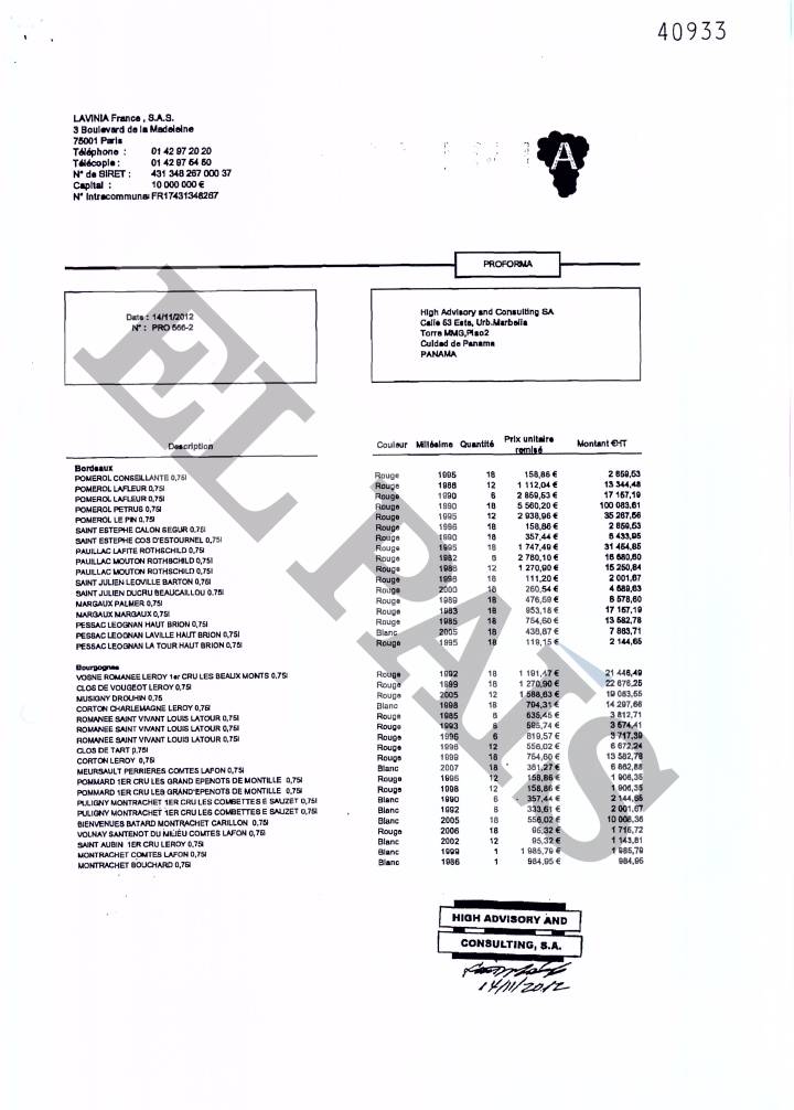 Factura de 493.573 euros de la tienda de vinos Lavinia de 694 botellas abonada por una de las empresas de Diego Salazar, primo del exministro de Energía de Venezuela Rafael Ramírez.