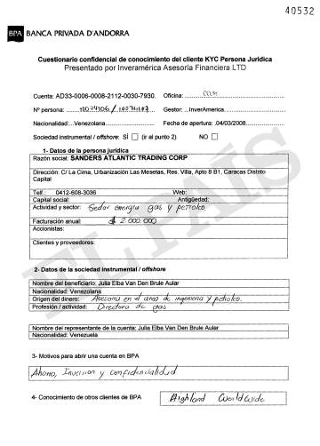 Cuestionario confidencial que rellenó la exdelegada de PDVSA en España Julia van den Brule al abrir una cuenta en la Banca Privada d'Andorra (BPA) el 4 de marzo de 2008.