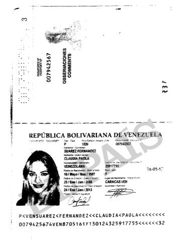 Pasaporte que entregó a la Banca Privada d'Andorra (BPA) la modelo Claudia Paola Suárez al abrir su cuenta el 4 de marzo de 2009.