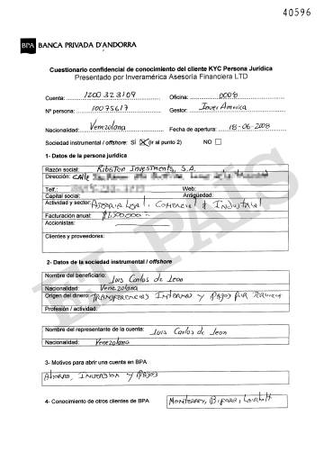 Cuestionario interno que rellenó en la BPA para abrir su cuenta en junio de 2008 el exdirectivo de PDVSA Luis Carlos de León.