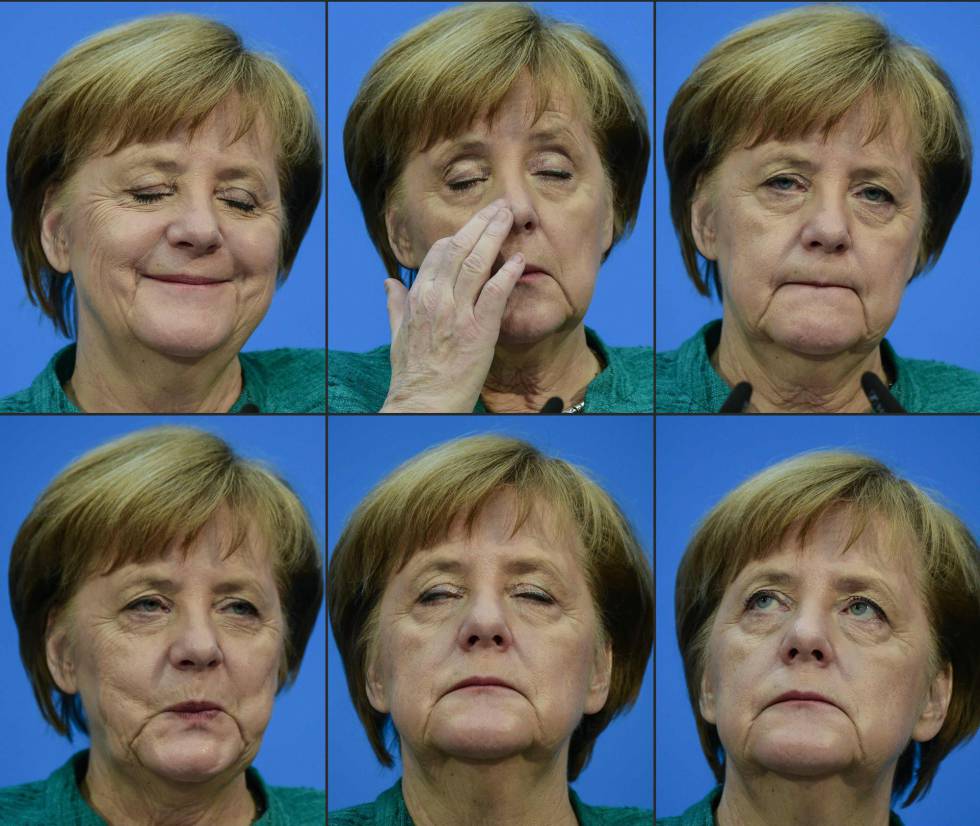 Las reacciones de la canciller alemana, Angela Merkel,  en la rueda de prensa para anunciar un nuevo pacto de Gobierno este miércoles en Berlín. 