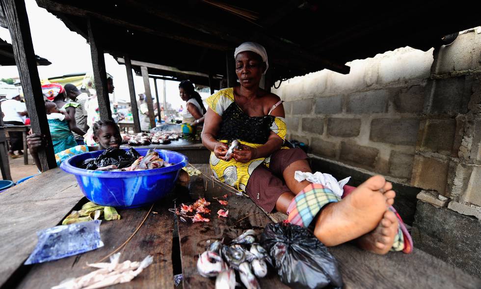 Una mujer limpia pescado en un mercado en Nigeria.