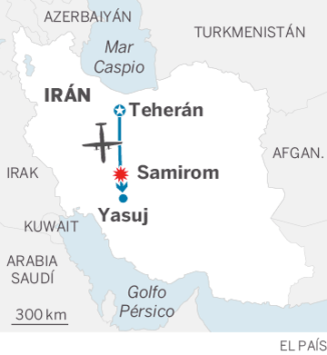 Mapa de localización del avión ATR 72 caido en Irán