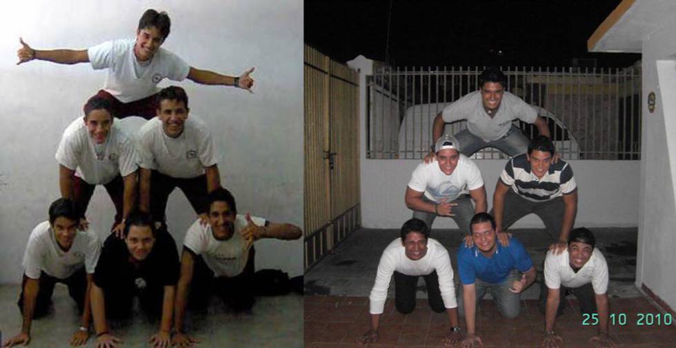 Toro y sus amigos del colegio en 2006 (izquierda) y 2010. Dos están en España, uno en Perú, uno en Costa Rica y dos siguen en Venezuela.