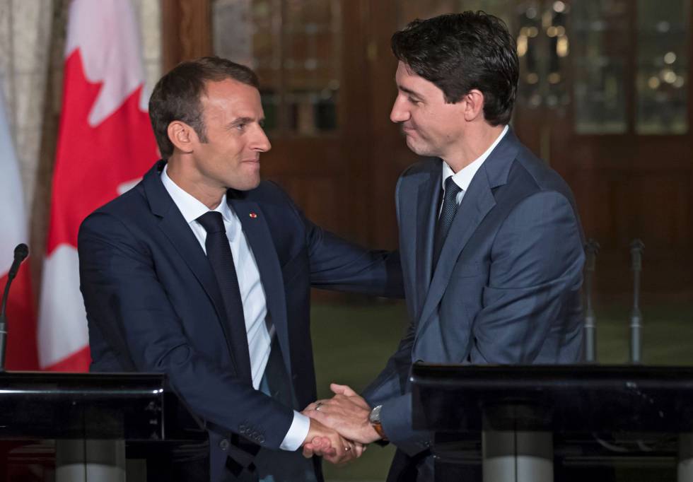 El primer ministro canadiense, Justin Trudeau, este jueves junto a Emmanuel Macron en Ottawa.