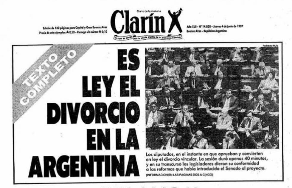 Portada del diario Clarín del 4 de junio de 1987 donde se informa de la aprobación de la ley de divorcio en Argentina. 