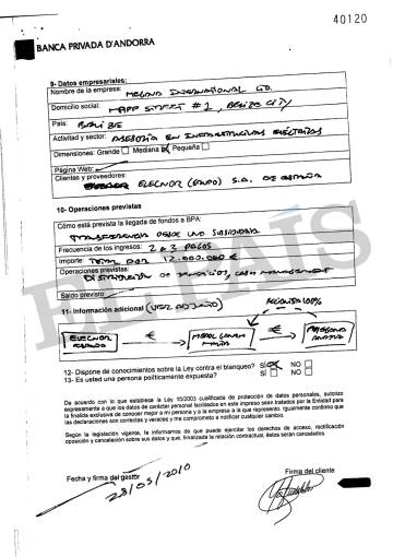 Documento interno entregado en la Banca Privada d’Andorra (BPA) por el exministro de Energía de Venezuela Nervis Villalobos.