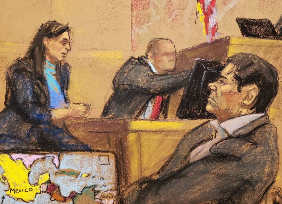 Un dibujo donde aparece Guzmán Loera durante la audiencia.