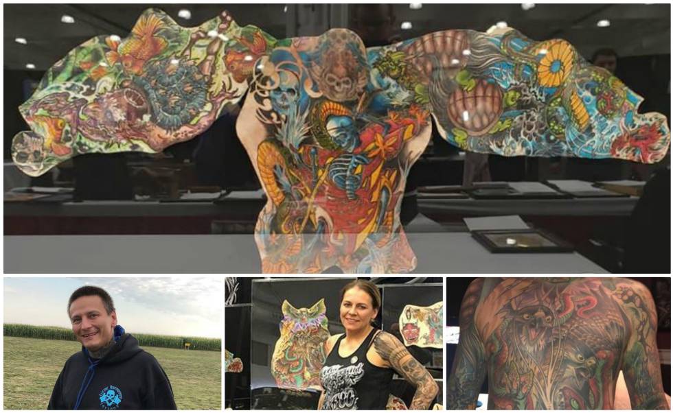 Arriba, la piel tatuada de Chris Wenzel, enmarcada. Abajo, el tatuador, su esposa, Cheryl, y el torso tatuado del hombre.