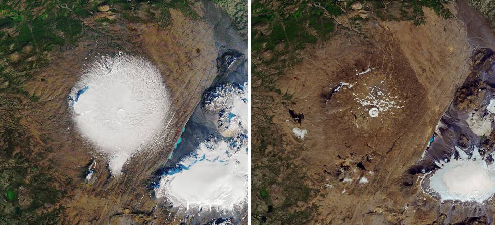 Imágenes de satélite del glaciar Ok en 1986 (izquierda) y el pasado 1 de agosto (derecha).