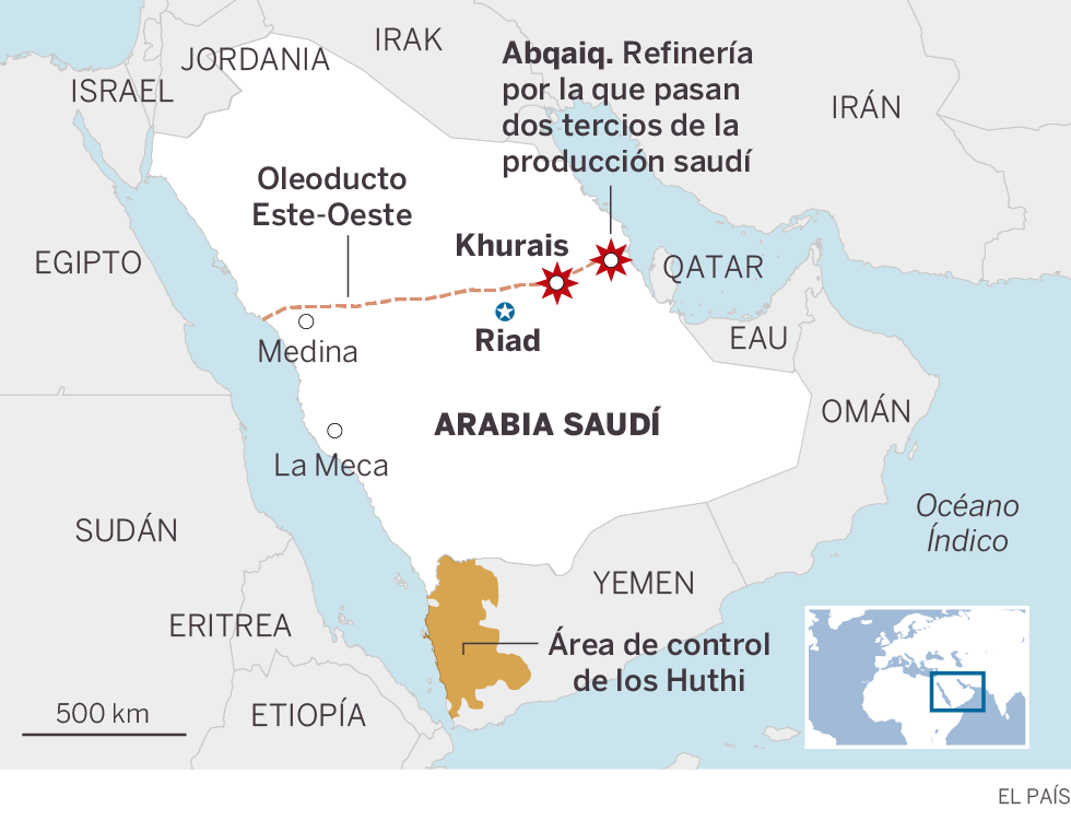 Arabia Saudí interrumpe la mitad de su producción de crudo tras un ataque con drones