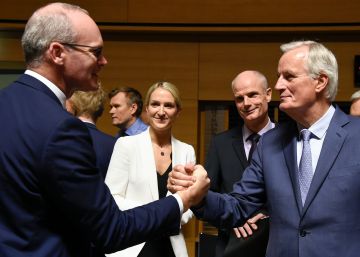 El ministro irlandés de Exteriores, Simon Coveney, saluda al negociador comunitario, Michel Barnier, este martes en Luxemburgo.