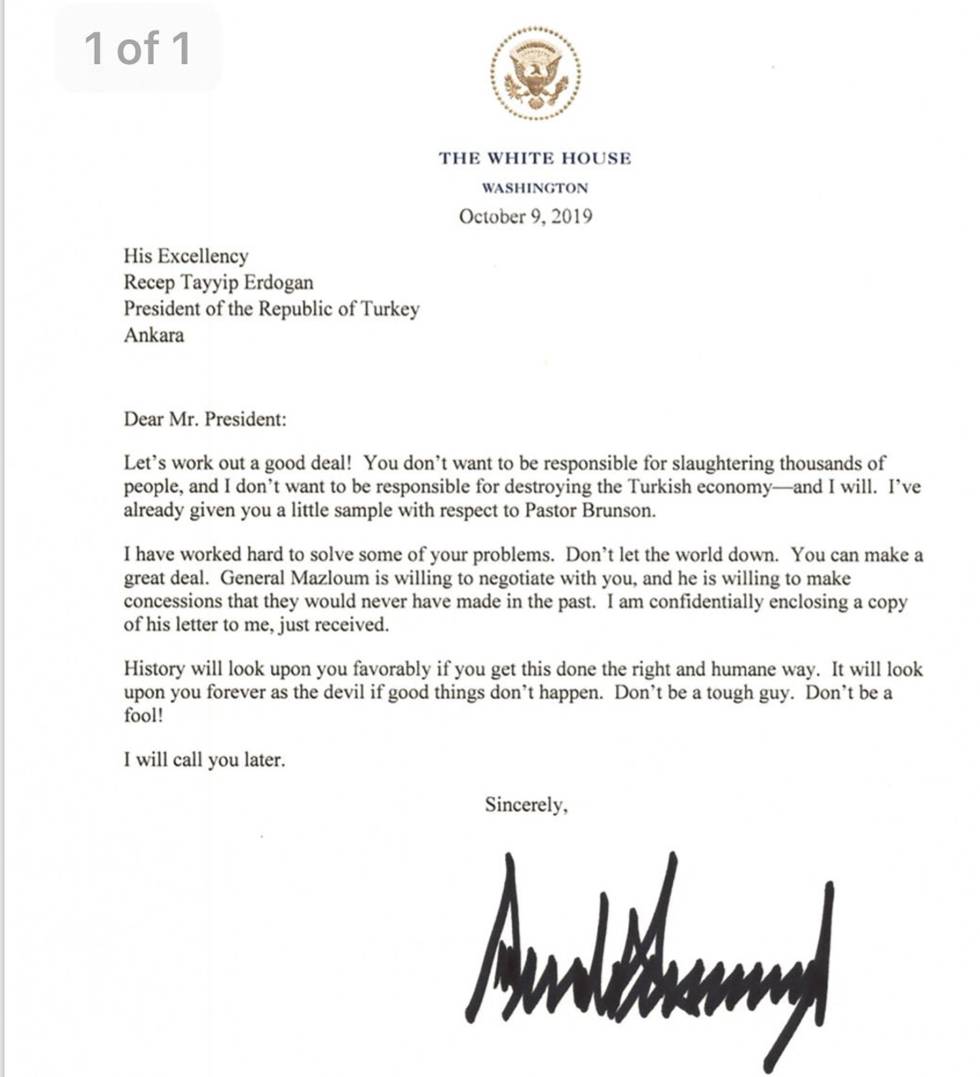 Imagen de la carta de Trump a Erdogan.
