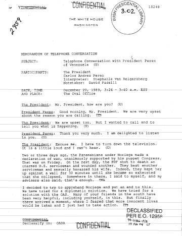 Trascripción de la conversación entre George H. W. Bush y el presidente venezolano Carlos Andrés Pérez, la madrugada del 20 de diciembre de 1989.
