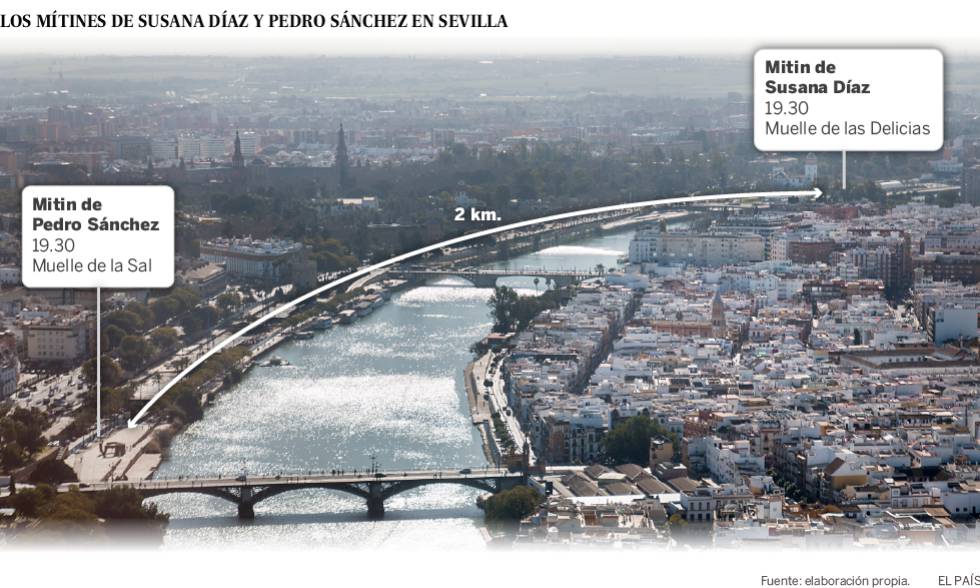 Díaz y Sánchez convocan a los militantes separados por 2.000 metros