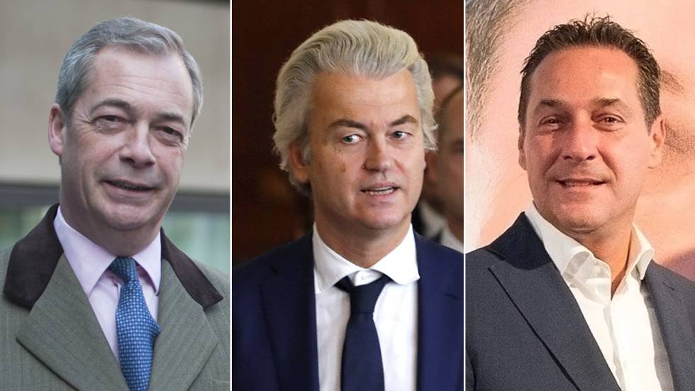 De izquierda a derecha, Nigel Farage (exlíder de UKIP), Geert Wilders (líder el PVV holandés) y Heinz-Christian (presidente del FPÖ autríaco).