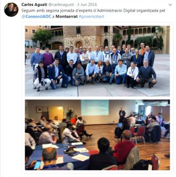 Mensaje en Twitter de Carles Agustí donde aparecen los autores de la hoja de ruta de la independencia digital de Cataluña.