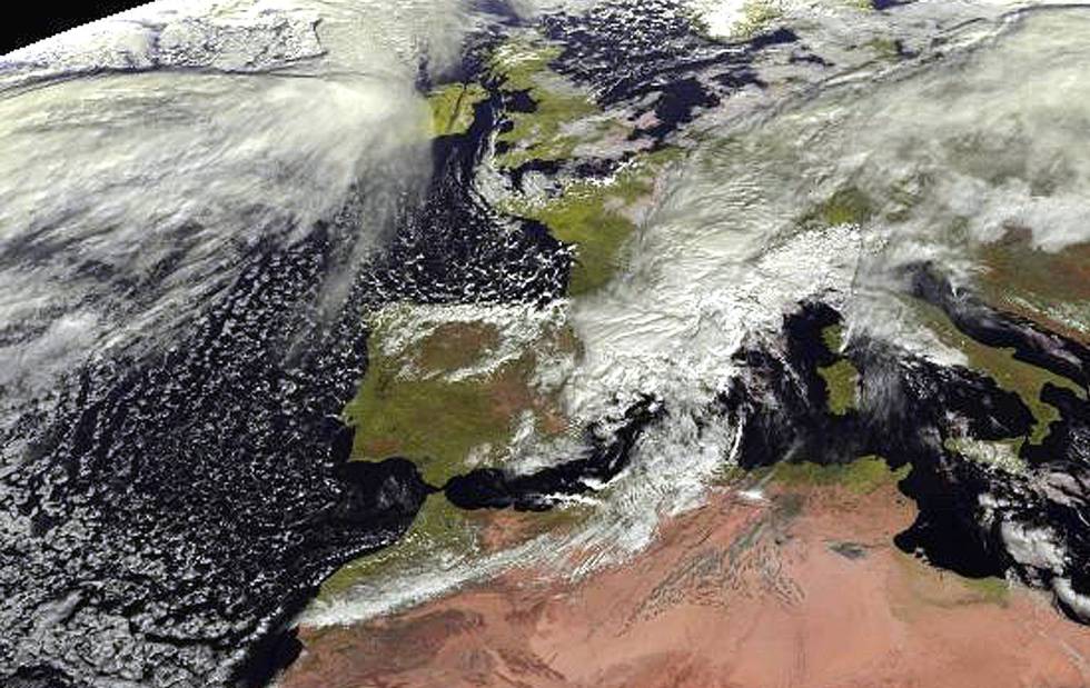 Imagen del satélite Meteosat donde se aprecia la DANA que este fin de semana afecta a España.