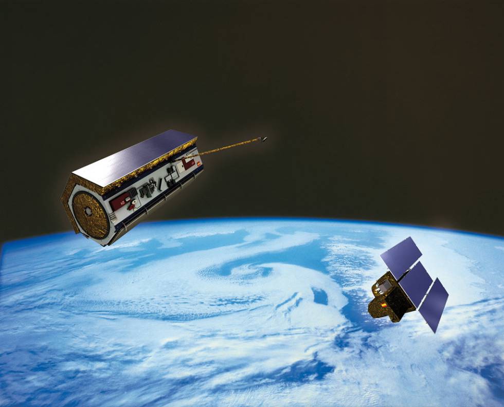 Recreación en el espacio del satélite Paz (a la izquierda) junto al Ingenio. 