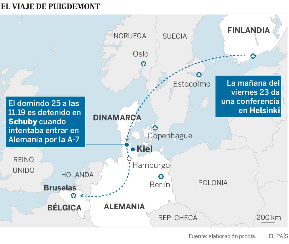 Puigdemont, detenido en Alemania tras entrar en coche desde Dinamarca
