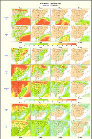 Los tonos rojizos indican alta probabilidad de lluvia. El sábado y el domingo, en buena parte del país. No se pueden descartar lluvias en casi ningún punto los próximos días.