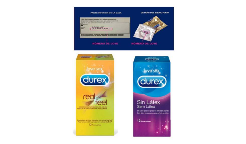 Cajas de preservativos Durex que no cumplen los estándares de calidad.