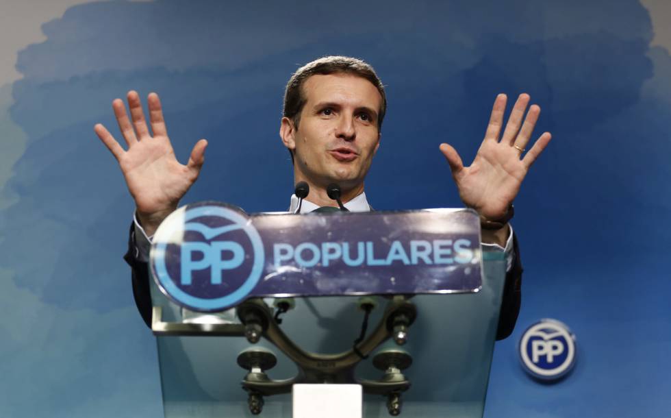 Pablo Casado, este lunes, en la sede del PP.
