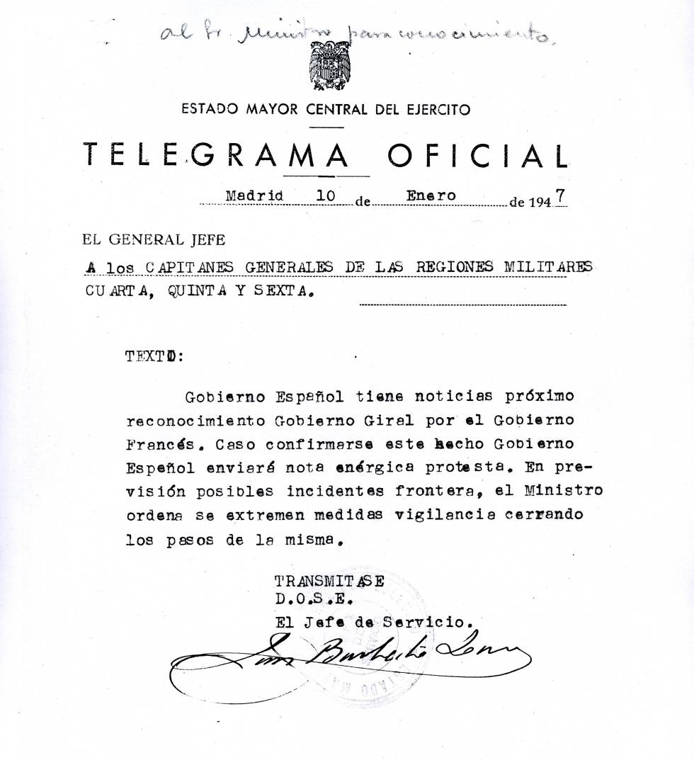 Telegrama de janeiro de 1947 que alerta sobre o possível reconhecimento do Governo republicano espanhol por parte da França.