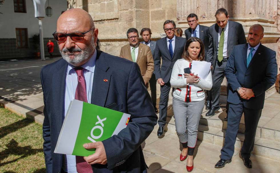El portavoz de Vox, Alejandro Hernández, seguido de varios diputados de su grupo en el Parlamento de Andalucía.