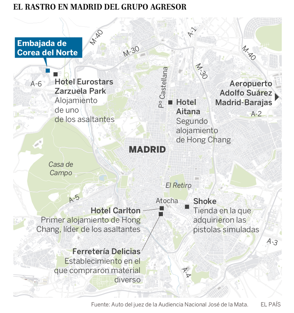 El juez ordena detener a dos asaltantes de la Embajada de Corea del Norte en Madrid que huyeron a Estados Unidos