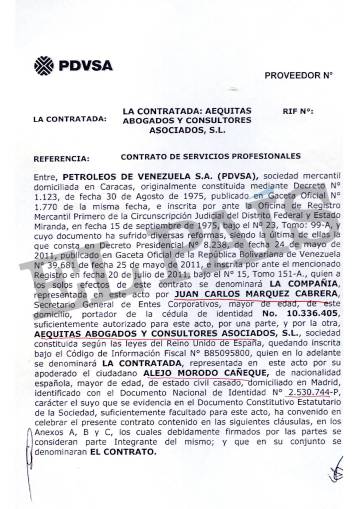 Uno de los contratos entre el hijo de RaÃºl Morodo y la petrolera venezolana.