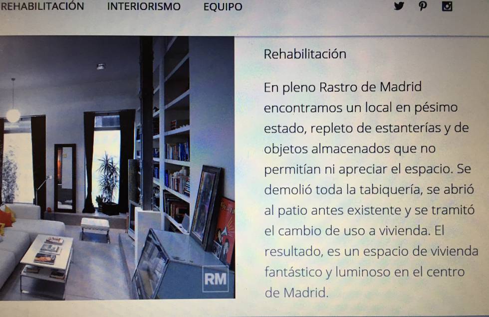 Presentación del 'loft' de la calle Rodas en la web del estudio de Monasterio, donde lo define como vivienda y dice que 