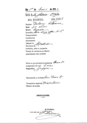 Hoja clínica de las casas de socorro, un servicio domiciliario que realizaron los médicos durante la epidemia. El documento muestra cómo, a pesar de la incertidumbre frente a la enfermedad epidémica, el diagnóstico entre los enfermos era de gripe, si bien luego la muerte fuera por neumonía.