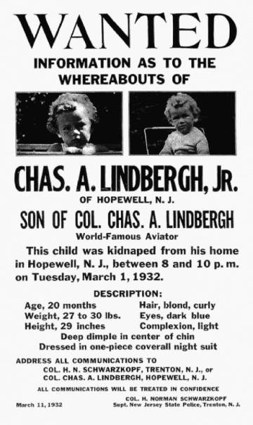 Cartel de búsqueda del pequeño Charles Lindbergh.