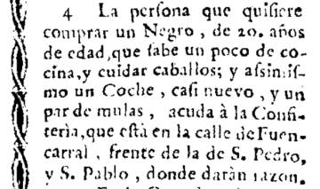 Aviso de la venta de un negro de 20 años junto a un coche nuevo y un par de mulas publicado el 19 de octubre de 1765 en el 'Diario Noticioso de Madrid nº 1524'.