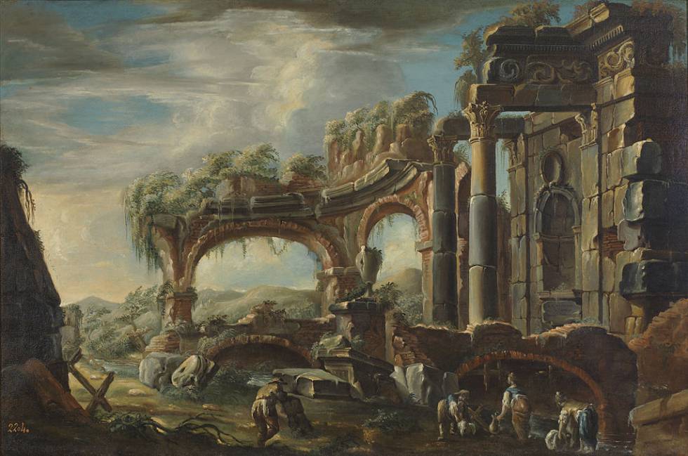 Paisaje con ruinas y figuras pintado por Joseph Carlos de Borbón.