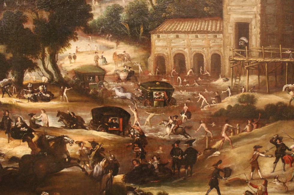Detalle de ‘Baño en el Manzanares en el paraje de Molino Quemado’, pintura de Félix Castelo fechada entre 1634 y 1637, que refleja una romería en un paraje enclavado frente a la Casa de Campo, cerca del camino del Pardo.