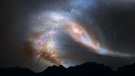 Composición fotográfica del choque de la Vía Láctea y Andrómeda.