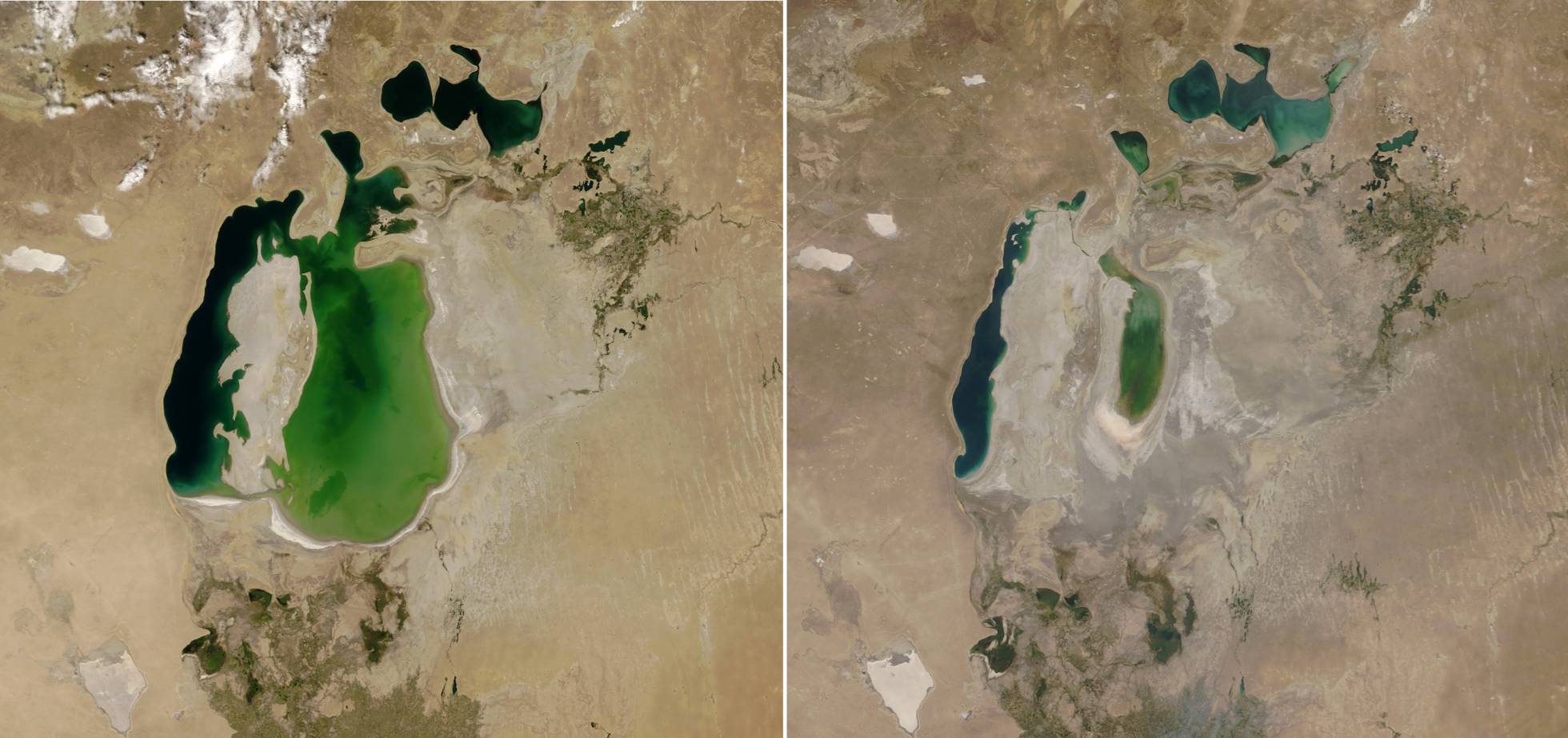 Esta imagen muestra el mar Aral en dos años diferentes y se puede observar que el nivel de agua a disminuido.
