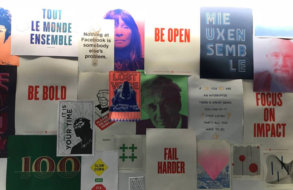 Posters at the Facebook headquarters in Palo Alto with messages like