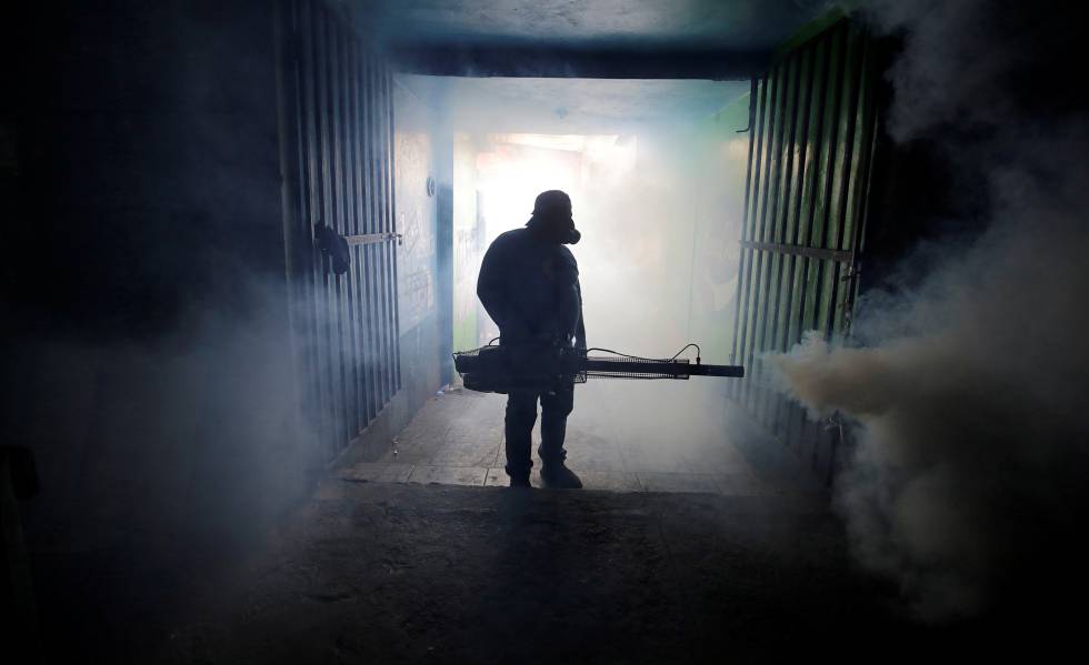 Un trabajador municipal fumiga un mercado contra el mosquito que transmite el dengue, en Tegucigalpa.