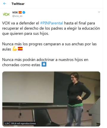 Tuit de Vox sobre la obra de Pamela Palenciano.