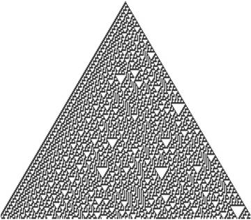 La Regla 30 de Wolfram es un autómata celular binario y unidimensional (línea horizontal). Hacia abajo se muestran las sucesivas generaciones a partir de un único punto.