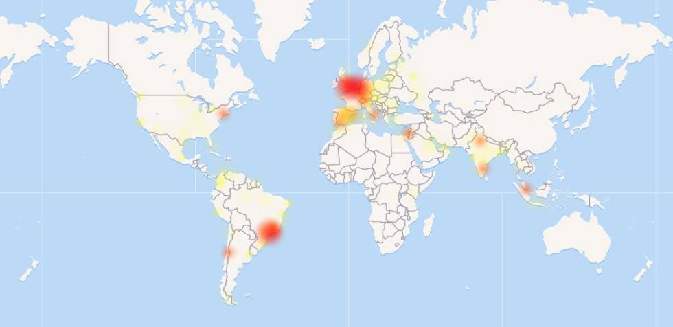 Mapa de la procedencia de los informes sobre la caída de WhatsApp (downdetector.com)