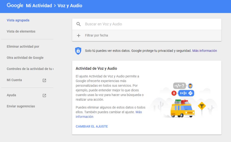 Cualquier usuario puede desactivar el almacenamiento de audios y eliminar el histórico de Google.